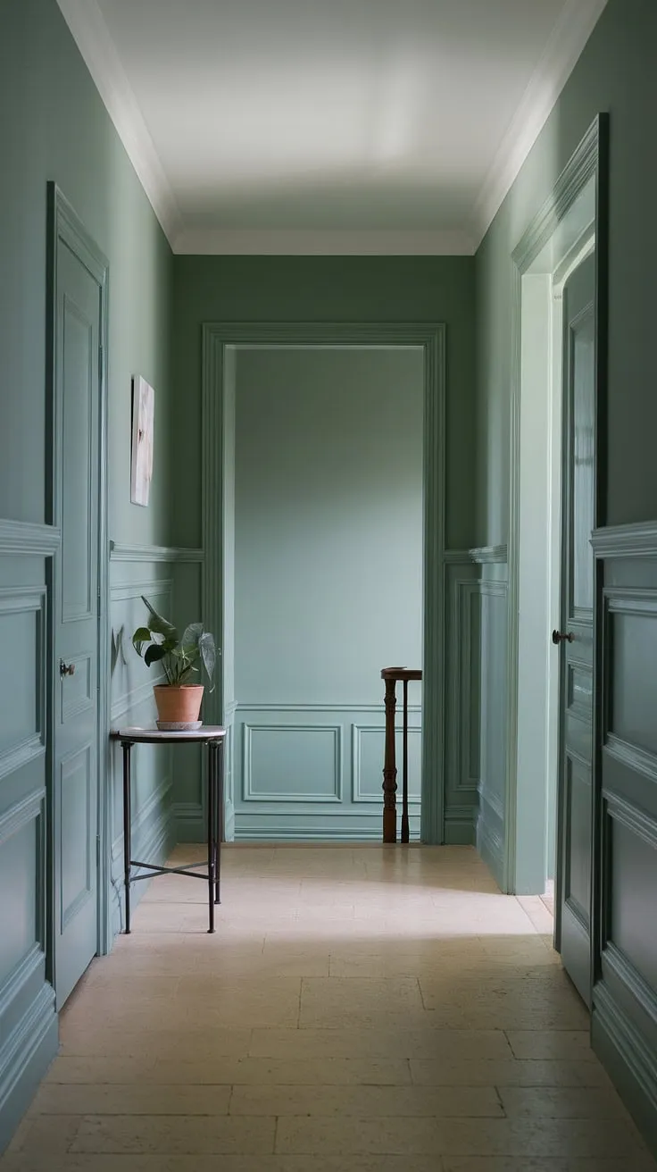 Step into serenity. This calm hallway, painted in a soothing shade of green, offers endless hallway decor ideas.  The wainscoting adds a touch of elegance, while the stairwell decor at the end leads to further exploration.  Perfect hallway paint ideas for creating a welcoming entrance hall.