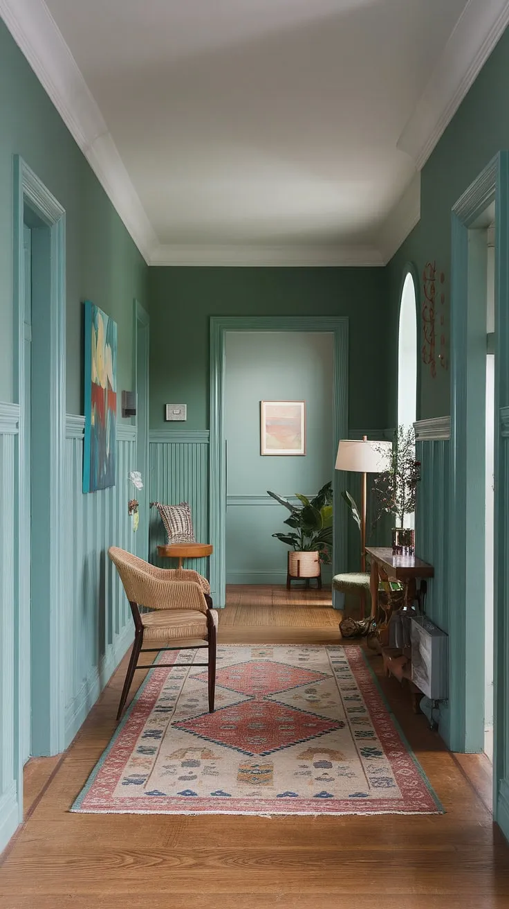 Find your calm in this colorful hallway.  The green walls, complemented by elegant wainscoting and a vibrant rug, offer endless stairwell decor and entrance hall ideas.  This space proves that even a narrow hallway can be a statement piece, brimming with personality and showcasing clever hallway decor ideas.