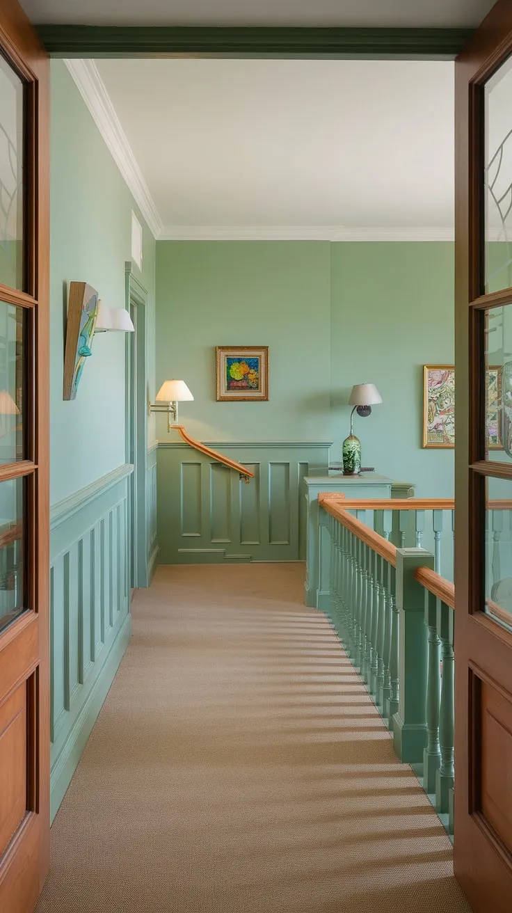 This calm green hallway, with its elegant wainscoting and thoughtful hallway decor ideas, creates a welcoming entrance.  The soft green paint and subtle artwork offer hallway paint ideas that are both stylish and serene, leading the eye to the charming stairwell and its decorative white railing, showcasing perfect stairwell decor and entrance hall ideas.  The wooden railing and warm beige carpet complete the inviting atmosphere.