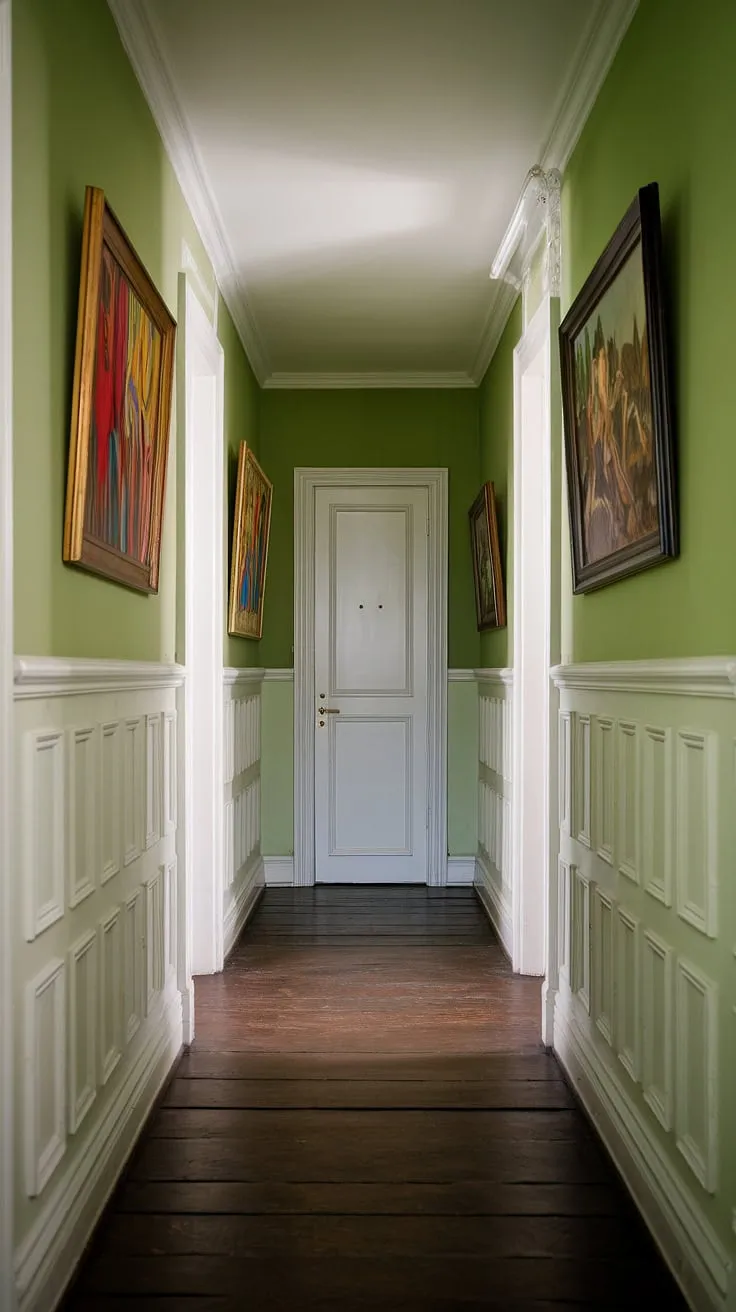 Discover hallway paint ideas that transform your space. This colorful hallway, with its elegant green walls and crisp white wainscoting, offers a fresh take on stairwell decor and wainscoting ideas. The white door at the end adds a touch of classic elegance to this inviting green hallway.