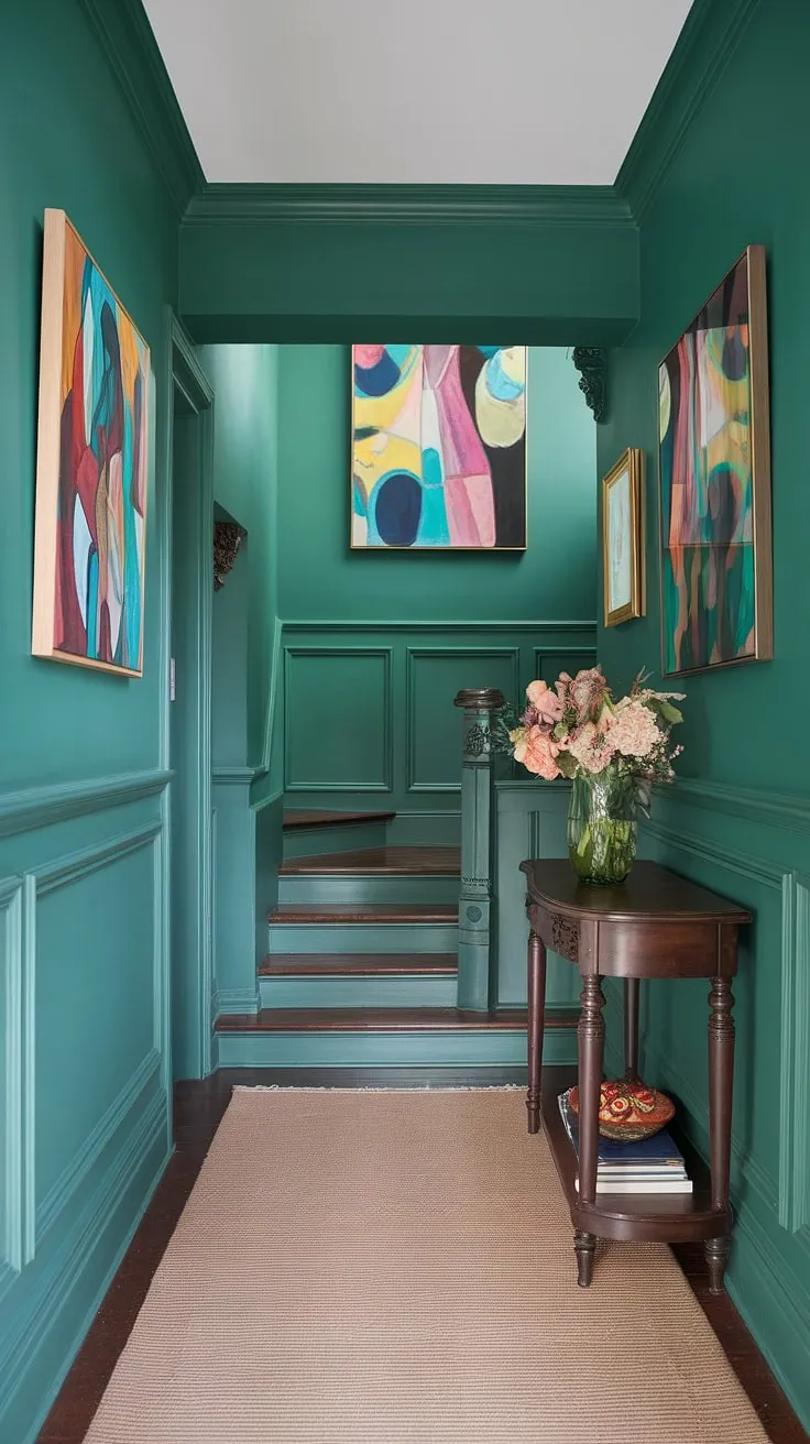 Step into serenity. This calm hallway, painted a soothing green, showcases the perfect blend of wainscoting ideas and colorful hallway art.  The stairwell decor, complete with a charming console table and fresh flowers, adds a touch of elegance to these entrance hall ideas.  A true testament to hallway decor ideas, this space effortlessly balances tranquility and vibrancy.