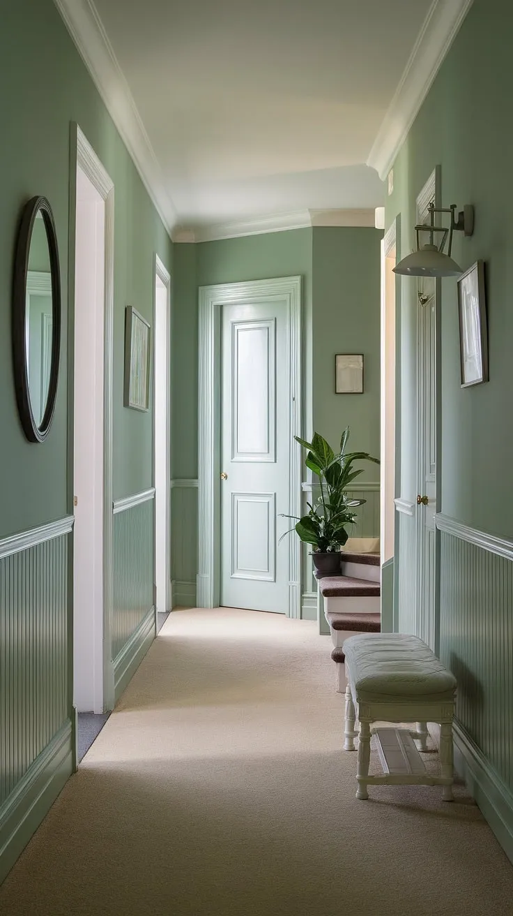This calm green hallway, with its elegant wainscoting and soft lighting, offers a wealth of hallway decor ideas.  The subtle color palette and thoughtful touches, from the potted plant to the stylish mirror, create a welcoming entrance hall, showcasing clever hallway paint ideas and stairwell decor.  Consider this a masterclass in wainscoting ideas for your own home.