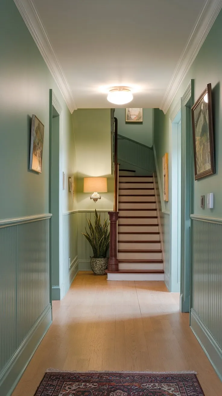 Transform your entrance with these hallway paint ideas. This green hallway is a masterclass in calm design, featuring beautiful wainscoting ideas and subtle yet impactful hallway decor. The dark wood staircase and carefully chosen accents elevate the space, offering inspiring stairwell decor and entrance hall ideas for a colorful yet peaceful home.