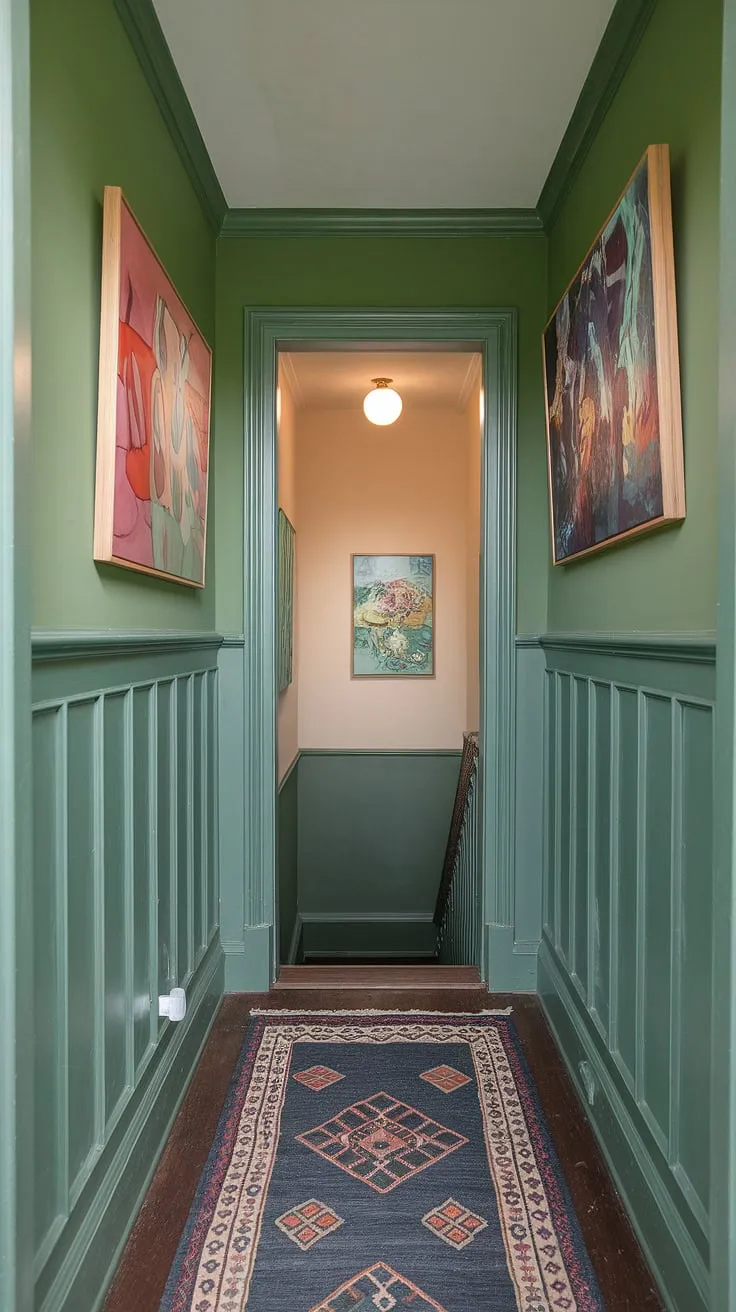 Step into serenity. This calm hallway, painted a soothing green, showcases the perfect blend of hallway decor ideas.  The colorful paintings, elegant wainscoting, and patterned rug create a welcoming entrance hall, while the stairwell decor adds a touch of grandeur.  Consider this a masterclass in hallway paint ideas and wainscoting ideas.