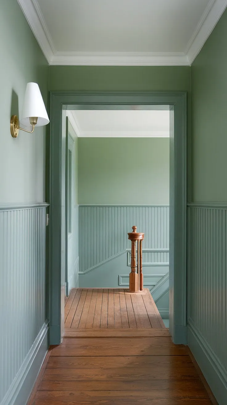 A breath of fresh air in hallway design. This green hallway is the epitome of calm, with its soft green walls, rich hardwood floors, and tasteful wainscoting.  It's a stunning example of hallway decor ideas, showcasing how a simple color palette can transform a space.  The elegant stairwell decor and thoughtful entrance hall ideas complete the look, offering plenty of inspiration for your own hallway paint ideas and wainscoting ideas.