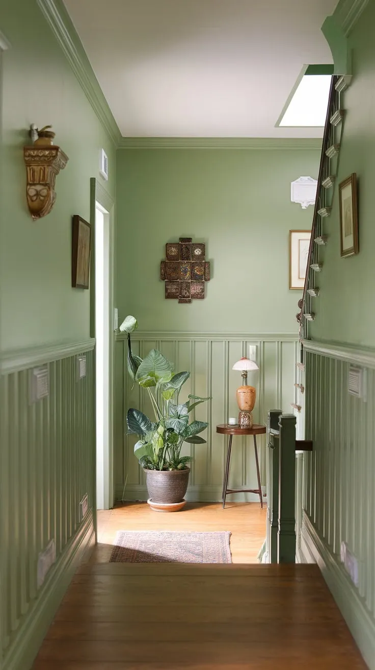 Step into serenity. This calm hallway, painted in a soft, inviting green, showcases clever hallway decor ideas, from the elegant wainscoting and thoughtful stairwell decor to the pops of color adding life to this otherwise tranquil space.  Perfect entrance hall ideas for those seeking a peaceful atmosphere.