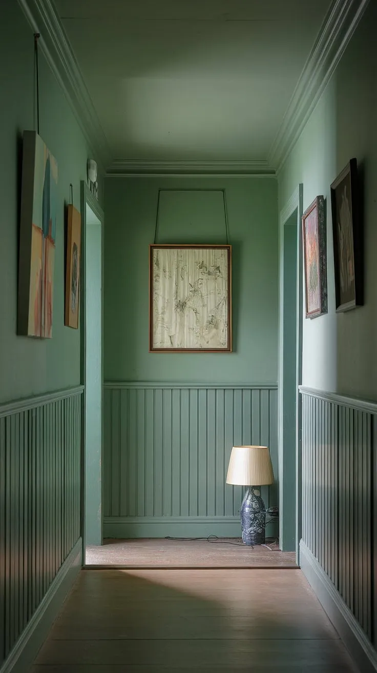 Serene and sophisticated, this green hallway showcases the perfect blend of calm and color.  The wainscoting adds timeless elegance, while the artwork and floor lamp create a welcoming ambiance.  Plenty of hallway decor ideas and hallway paint ideas are on display here, making it a stunning example of entrance hall ideas and stairwell decor.