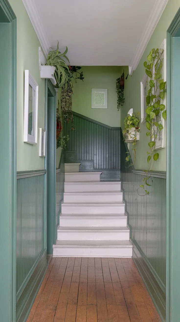 Step into serenity. This calm hallway, painted in a refreshing green, showcases elegant wainscoting ideas and thoughtful hallway decor ideas. The white staircase and pops of greenery create a colorful hallway that's perfect for entrance hall ideas and stairwell decor inspiration.  Consider this a masterclass in hallway paint ideas.