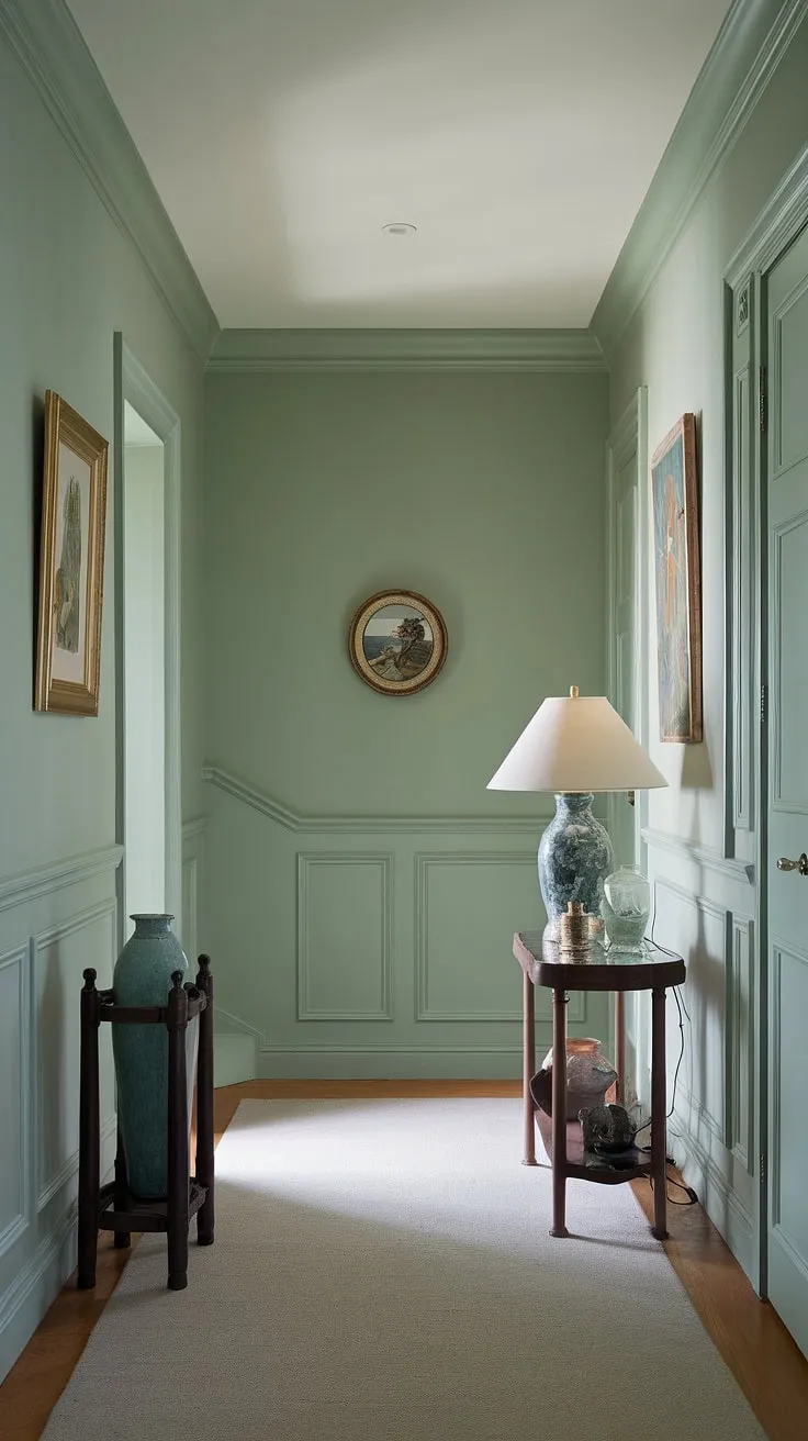This calm green hallway, with its elegant wainscoting and thoughtful hallway decor ideas, sets a serene tone from the moment you enter.  The subtle pops of color and carefully chosen pieces, including the stairwell decor, create a welcoming atmosphere.  Perfect hallway paint ideas for those seeking a tranquil entrance hall.