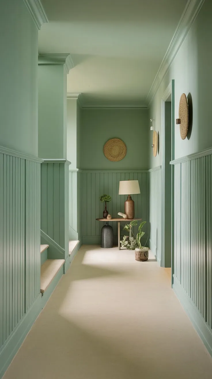 Discover the magic of a calm hallway. This colorful hallway, painted in a soothing green, showcases clever hallway decor ideas, from the charming plant to the carefully chosen accents.  The wainscoting adds a touch of classic elegance, making it an inspiring example of entrance hall ideas and stairwell decor.  Consider this your guide to wainscoting ideas for a truly inviting space.