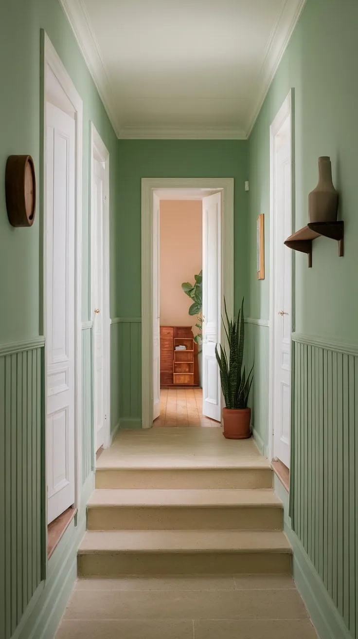 A colorful hallway transformed!  This green hallway design uses wainscoting ideas to add character, while the open doors and visible wooden furniture create a sense of inviting flow.  The beige tiles and subtle pops of color contribute to a calm hallway atmosphere.  Consider these entrance hall ideas and stairwell decor inspiration for your own home.
