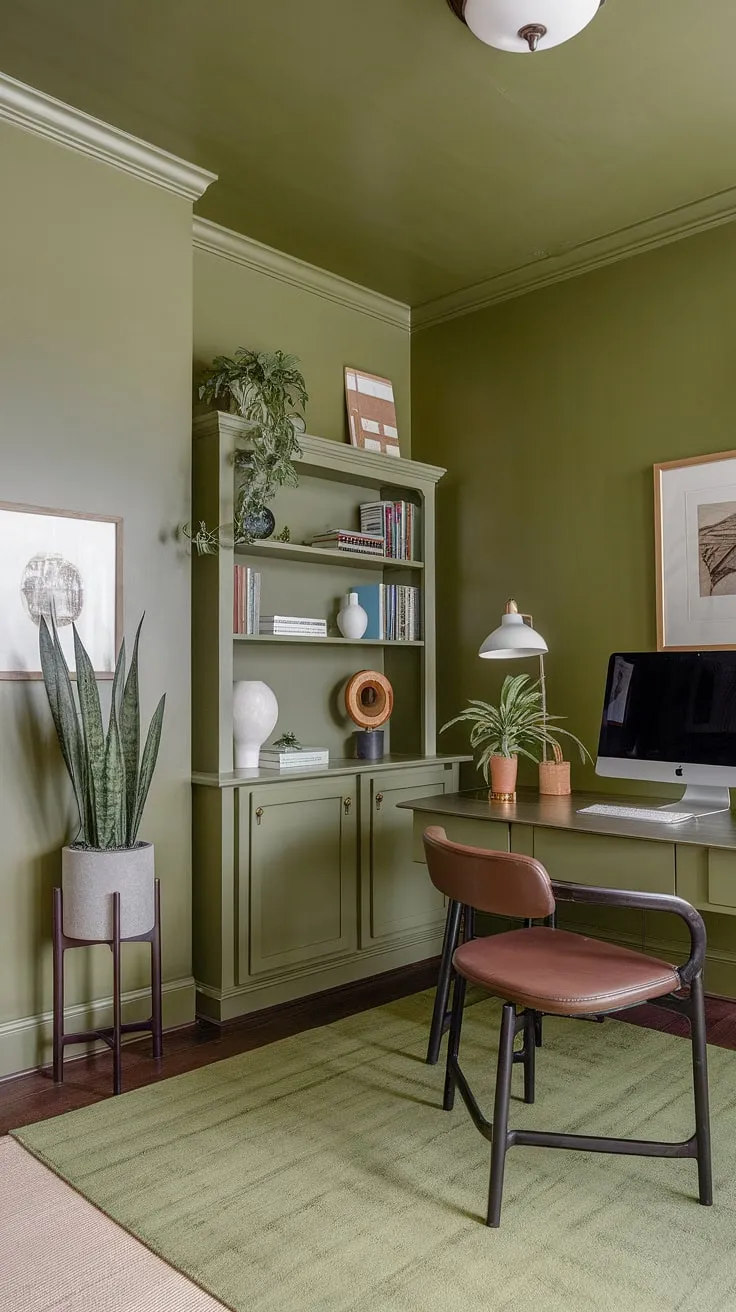 This green home office, with its olive green walls and inspiring workspace decor, is the perfect blend of productivity and serenity.  The carefully curated office space decor, including the best office plants and a thoughtful work from home setup, creates a shared home office that's both functional and aesthetically pleasing.  Plenty of green office ideas are on display, making this a truly enviable home workroom.