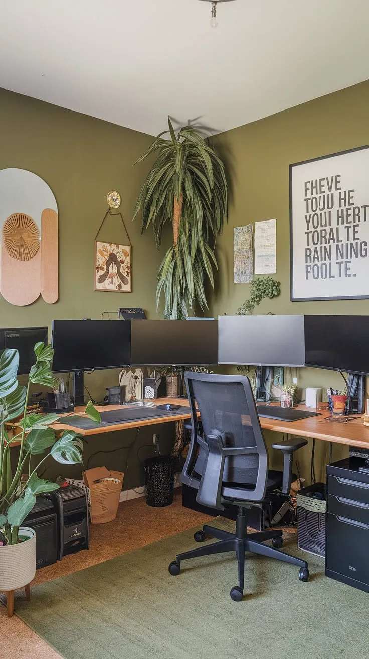 Transform your work-from-home experience with this stunning green home office.  The olive green office walls create a serene backdrop for this shared home office, enhanced by thoughtful office space decor and a curated collection of best office plants.  This inspiring workspace decor, combined with smart home workroom ideas, makes this setup the epitome of a productive and stylish green office aesthetic.  Discover the perfect balance of functionality and beauty in this exceptional work from home setup.