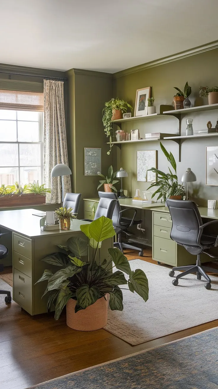 Imagine working in this serene green home office. The olive green office walls create a sophisticated backdrop for the thoughtfully curated office space decor.  Each desk, complete with a lamp, plant, and personal touches, reflects individual style within this shared home office.  The abundance of best office plants and inspiring workspace decor makes this work from home setup a truly enviable green office ideas masterpiece.