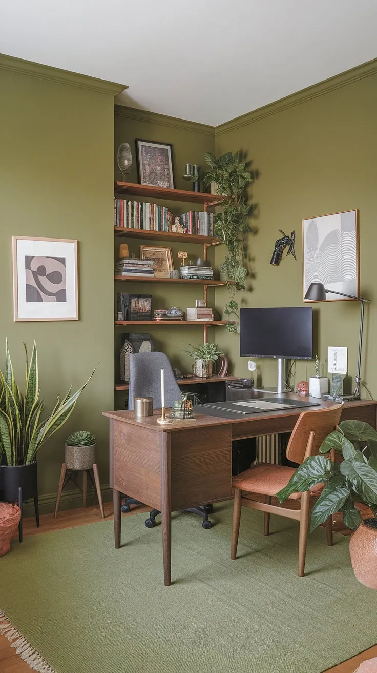 This green home office, with its olive green walls and inspiring workspace decor, is the perfect blend of productivity and serenity. The carefully curated office space decor, including the best office plants and a thoughtful work from home setup, creates a shared home office environment that's both functional and aesthetically pleasing.  This green office aesthetic offers a wealth of green office ideas for anyone looking to create their own calming and productive workroom.