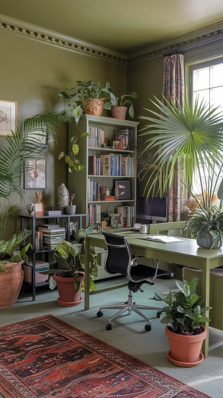 This green home office, with its olive green office walls and inspiring workspace decor, offers the perfect blend of serenity and productivity. The shared home office setup, complete with best office plants and a curated bookshelf, creates a work from home setup that's both functional and aesthetically pleasing.  This green office aesthetic is a testament to the power of office space decor in transforming a simple workroom into an inspiring sanctuary.