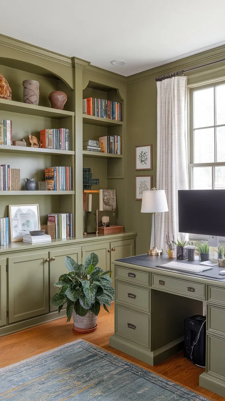 This olive green office walls create a calming and productive green home office. The thoughtful office space decor, including the best office plants, contributes to a truly inspiring workspace decor, perfect for a work from home setup or shared home office.  This green office aesthetic offers plenty of green office ideas for your own home workroom ideas.