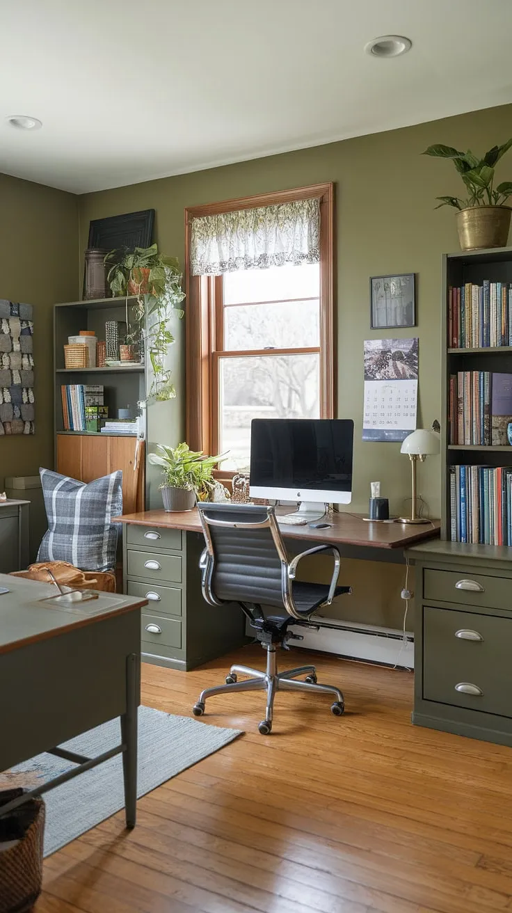 Olive green office walls create a serene backdrop for this inspiring shared home office.  The thoughtful green home office design incorporates practical elements like ample shelving and a comfortable work chair, while the carefully chosen office space decor, including the best office plants, elevates the space into a truly productive and aesthetically pleasing work from home setup.  This is a prime example of successful green office ideas and clever home workroom ideas.
