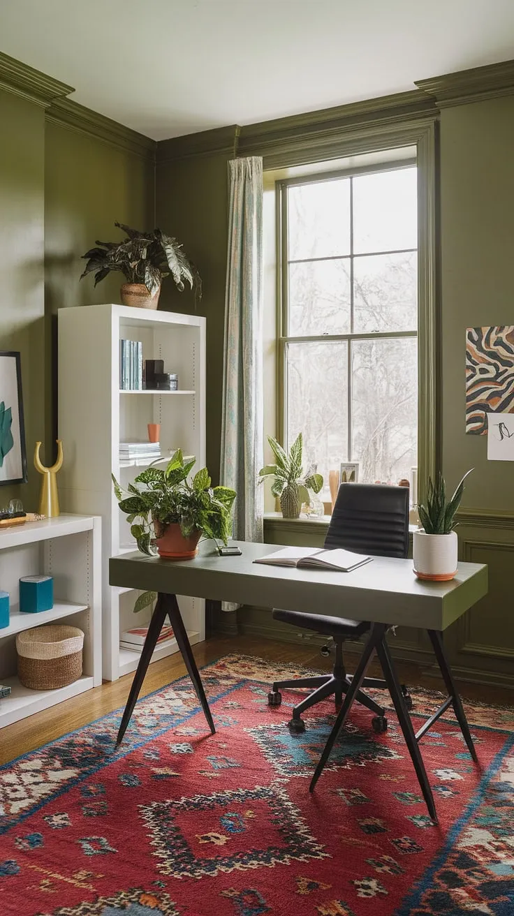 Find your focus in this tranquil green home office. The olive green office walls create a soothing backdrop for the white desk and black chair, while the office space decor, including the colorful rug and best office plants, adds personality and vibrancy. This work from home setup is a testament to inspiring workspace decor and offers practical home workroom ideas for a shared home office or individual workspace.