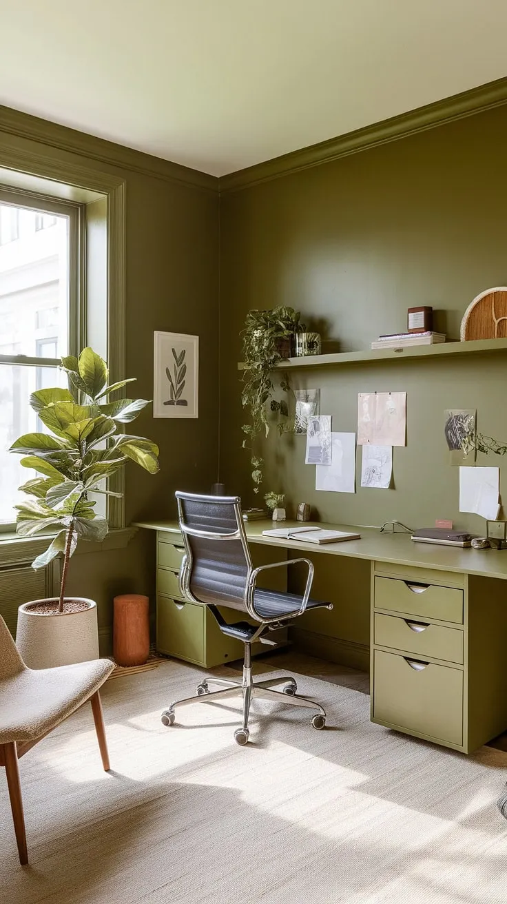 Find your focus in this calming green home office.  The olive green office walls and minimalist office space decor create a haven for productivity.  This work from home setup, perfect for a shared home office, is brimming with inspiring workspace decor and home workroom ideas.  A touch of greenery, featuring some of the best office plants, completes this green office aesthetic.