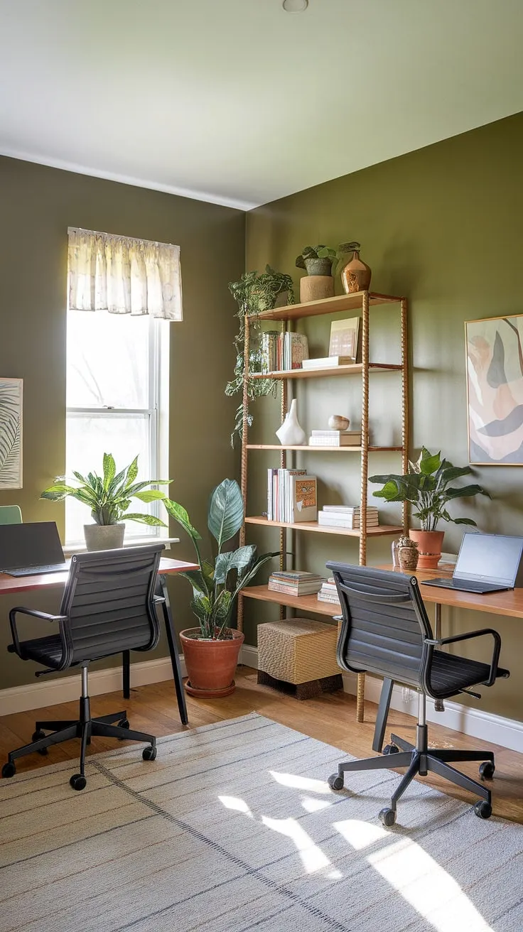 Olive green office walls create a calming backdrop for this shared home office, a haven for productivity and creativity.  The green home office features two well-organized workspaces, each with its own laptop, chair, and a touch of greenery – a testament to the power of green office ideas.  The carefully curated office space decor, including the best office plants, transforms this work from home setup into an inspiring workspace, full of clever home workroom ideas.