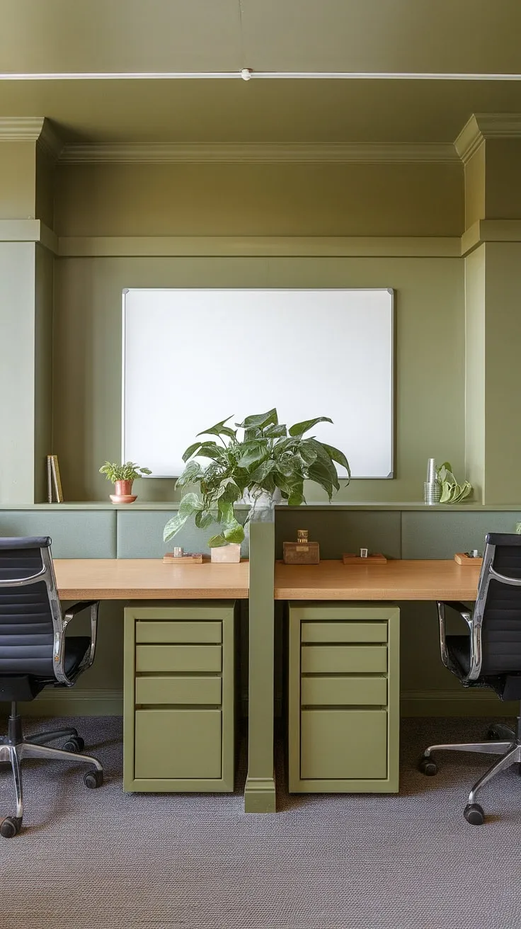 Transform your work from home setup with this shared green home office.  The olive green office walls and gray carpet create a sophisticated and calming green office aesthetic.  Two desks, perfectly positioned for collaboration, each feature a thriving best office plant, adding a touch of nature to this inspiring workspace decor.  This green home office is a testament to thoughtful home workroom ideas and excellent office space decor, offering practical green office ideas for a shared workspace.