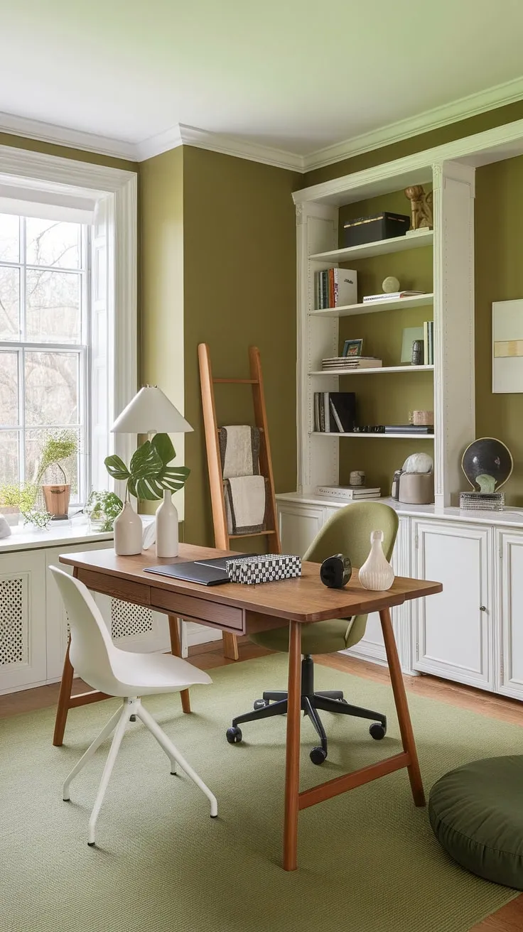 Work from home in style with this stunning green home office.  The olive green office walls create a serene backdrop for this shared home office, while the carefully curated office space decor, including best office plants and a mix of textures, elevates the space. This inspiring workspace decor showcases clever green office ideas and offers a perfect blend of functionality and aesthetic appeal, making it the ultimate work from home setup.