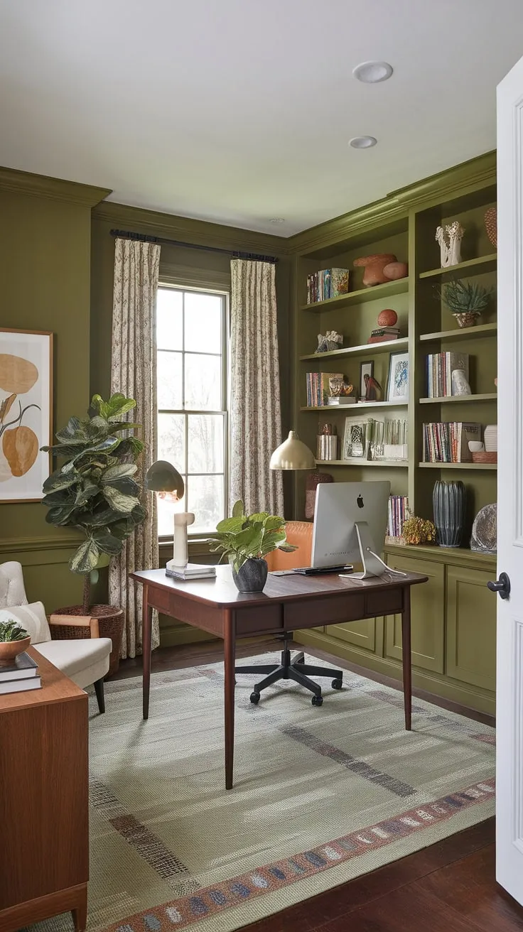 Escape to this calming green office aesthetic.  Olive green office walls set the tone for this inviting work from home setup, where home workroom ideas meet practicality.  The shared home office features a well-organized desk, best office plants, and thoughtful green office ideas, proving that a productive workspace can also be a beautiful one.  This inspiring workspace decor is the perfect example of how to create a truly functional and stylish office space.