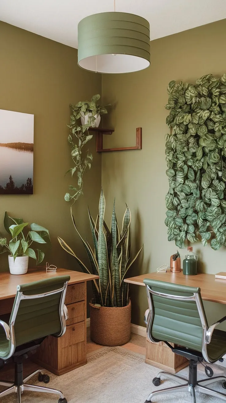 This shared home office is a haven of productivity and calm.  The olive green office walls, paired with a thoughtful selection of green office aesthetic decor and the best office plants, create a truly inspiring workspace.  This work from home setup, complete with a serene landscape photo, offers green office ideas for anyone seeking a productive and peaceful home workroom.