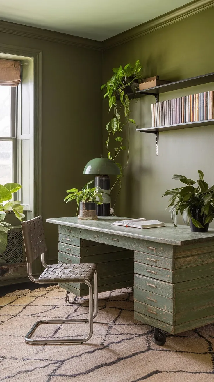 Find your focus in this calming green home office.  The olive green office walls create a soothing backdrop for a work from home setup, enhanced by the carefully chosen office space decor.  From the best office plants to the patterned rug, every detail contributes to this green office aesthetic, offering practical green office ideas and inspiring workspace decor for a shared home office or personal workroom.