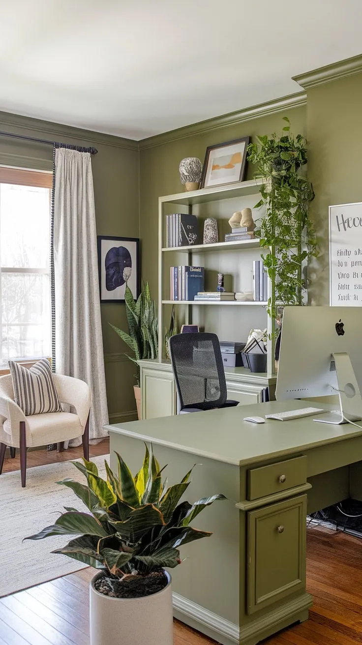 This serene green home office, boasting olive green office walls and inspiring workspace decor, is the perfect blend of productivity and tranquility.  The work from home setup is enhanced by thoughtful office space decor, including best office plants and a shared home office feel.  Green office ideas abound in this calming space, offering a glimpse into the perfect home workroom ideas.