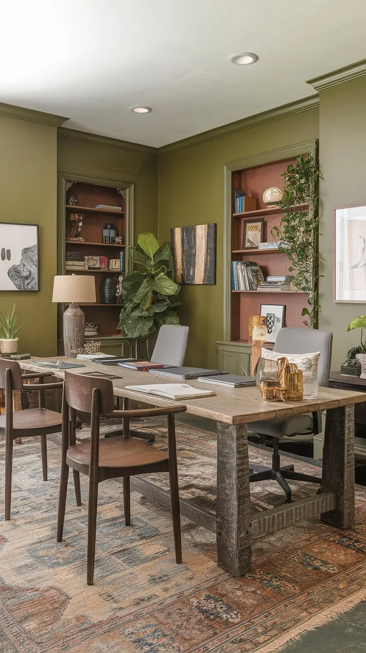 This shared home office, bathed in the calming hue of olive green walls, offers the perfect blend of functionality and cozy charm.  The rustic wooden desk, comfortable chairs, and inspiring workspace decor create a productive yet inviting atmosphere for a work from home setup.  Adding a touch of nature with the best office plants completes this green office aesthetic, showcasing clever green office ideas and home workroom ideas for a truly inspiring workspace.