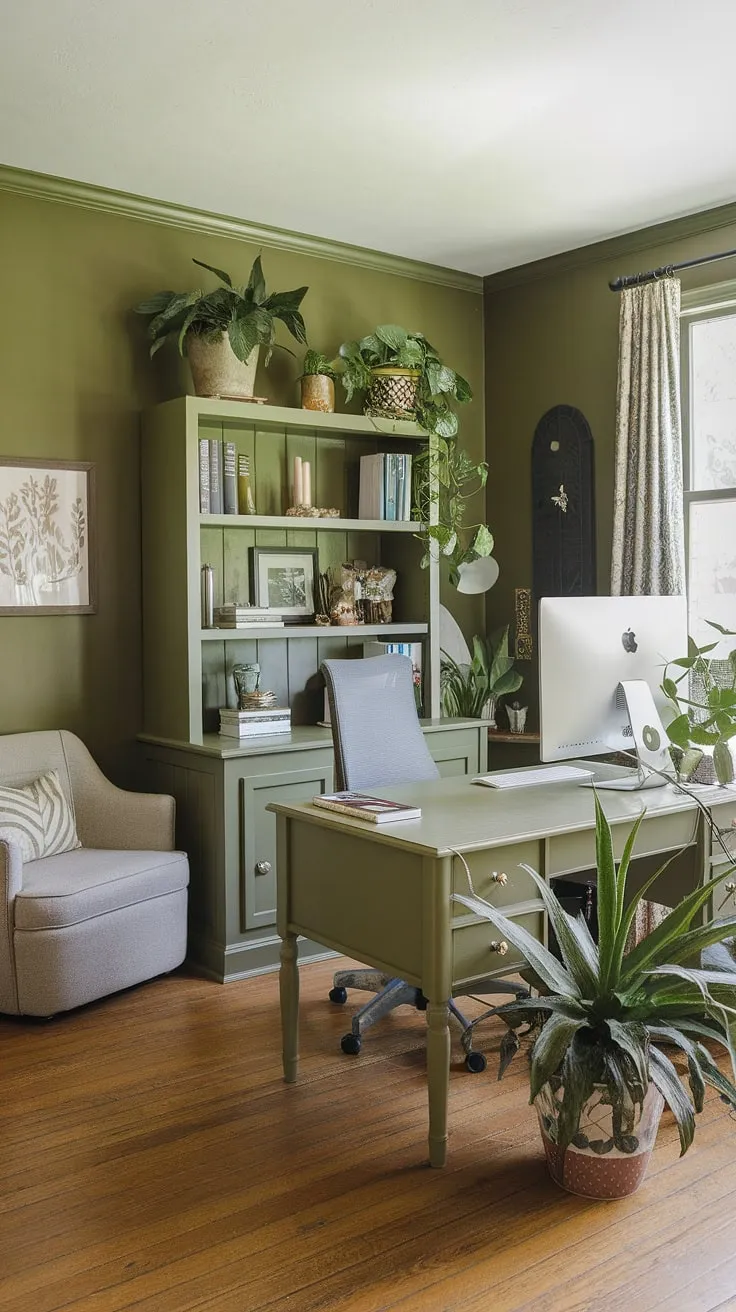 Escape to this tranquil green office aesthetic.  Olive green office walls and carefully curated office space decor, including a selection of best office plants, transform this home workroom into an inspiring workspace.  Perfect for a shared home office or a personal sanctuary, this work from home setup is brimming with green office ideas.