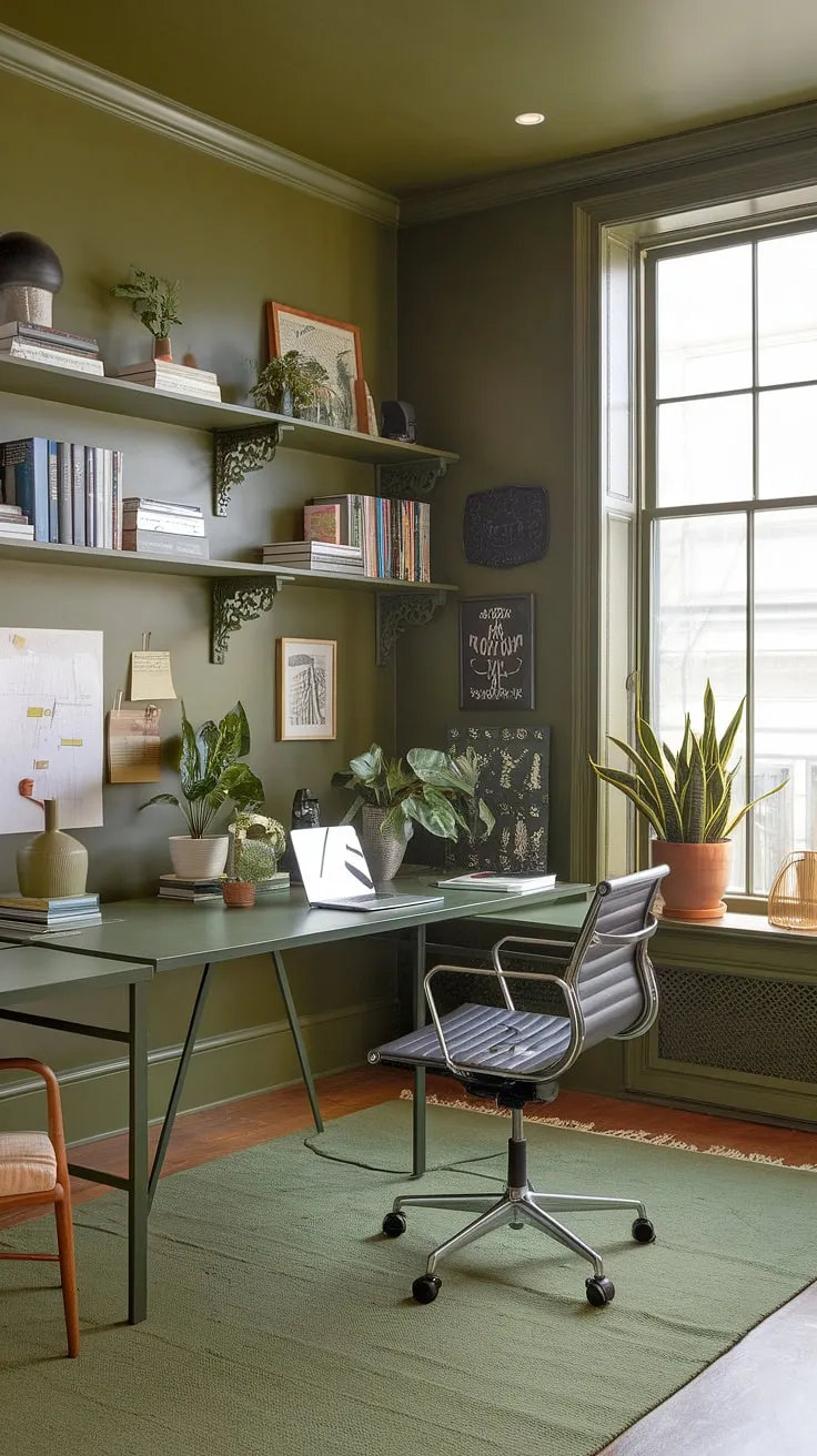 This shared home office, bathed in natural light and boasting olive green office walls, is the epitome of a green office aesthetic.  The inspiring workspace decor, complete with best office plants and thoughtful office space decor, creates a productive yet calming work from home setup.  Plenty of green office ideas are on display, making this home workroom a haven of productivity.
