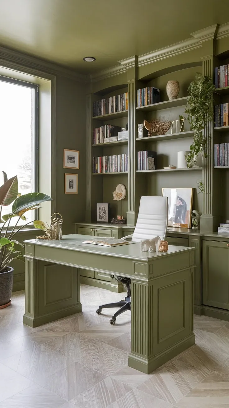 Find your focus in this serene green home office.  The olive green office walls create a calming backdrop for productive work, while the white desk and chair offer a clean, inspiring workspace.  This shared home office setup, complete with best office plants and thoughtful office space decor, is a perfect example of green office ideas for a work from home setup.  The inspiring workspace decor and home workroom ideas blend seamlessly to create a truly tranquil environment.