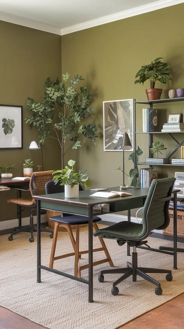Olive green office walls set the sophisticated tone in this shared home office.  Each workspace, complete with a lamp, plant, and comfortable chair, embodies the green home office aesthetic.  This inspiring workspace decor, incorporating green office ideas and best office plants, makes for a truly enviable work from home setup.  The thoughtful office space decor and overall design offer plenty of home workroom ideas for those seeking a productive and stylish shared environment.