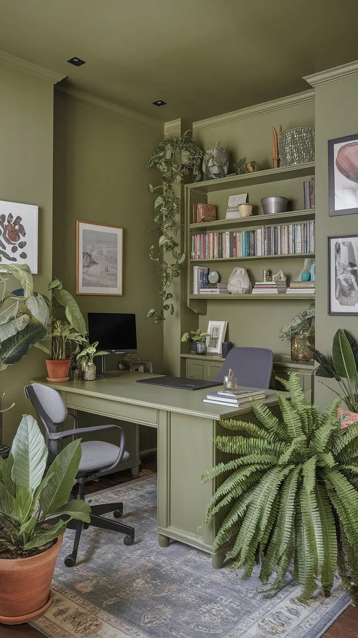 Find your focus in this serene green home office.  The olive green office walls create a calming backdrop for productive work, complemented by inspiring workspace decor and the best office plants to boost creativity. This shared home office setup offers a perfect blend of style and functionality, showcasing clever green office ideas for your own work from home setup.
