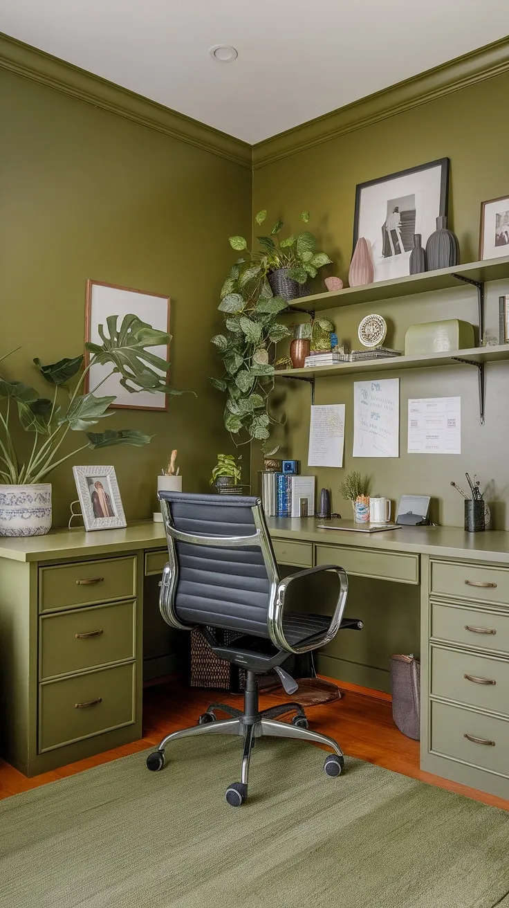 Escape to this serene green home office, where olive green walls and a thoughtfully curated office space decor create the perfect work from home setup.  The green office aesthetic is effortlessly achieved with inspiring workspace decor, including a few best office plants, making it an ideal shared home office or a personal home workroom.  Green office ideas abound in this calming and productive space.