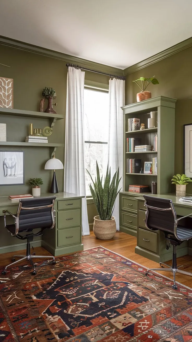 Transform your work from home setup into a haven of productivity with this shared home office.  Olive green office walls and carefully curated office space decor, including the best office plants, create a green office aesthetic that's both inviting and inspiring.  Explore these green office ideas for your own home workroom and discover the perfect blend of style and functionality.