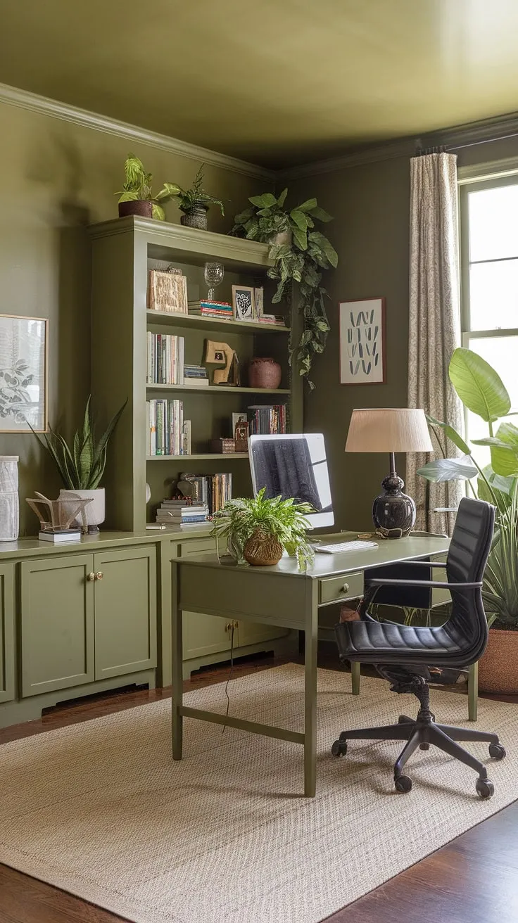 Escape to this serene green home office, where olive green walls create a calming backdrop for focused work.  The inspiring workspace decor, including the best office plants and thoughtfully curated bookshelf, transforms this shared home office into a haven of productivity.  This work from home setup showcases clever green office ideas and exemplifies the perfect blend of style and functionality for your home workroom ideas.
