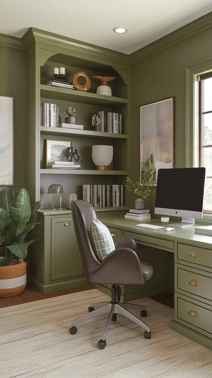 This olive green office walls create the perfect green office aesthetic in this shared home office.  The work from home setup is complete with a comfortable chair, a well-organized bookshelf, and best office plants, making it the ultimate example of home workroom ideas and inspiring workspace decor.  Discover the magic of green office ideas in this perfectly styled office space.