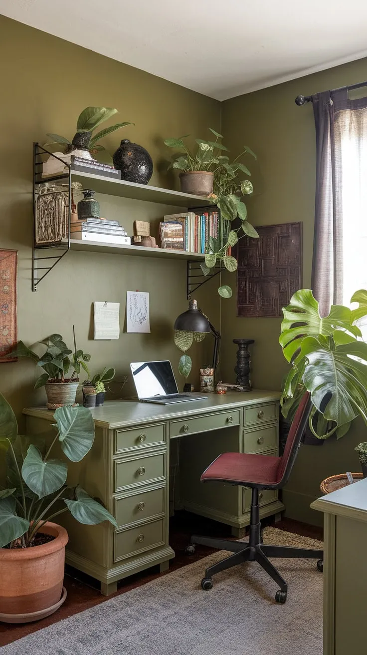 Escape to this serene green home office, where olive green walls create a calming backdrop for focused work.  The thoughtful office space decor, including the best office plants and inspiring workspace decor, fosters a productive yet peaceful atmosphere. This work from home setup is perfect for anyone seeking green office ideas or home workroom ideas, even as a shared home office.
