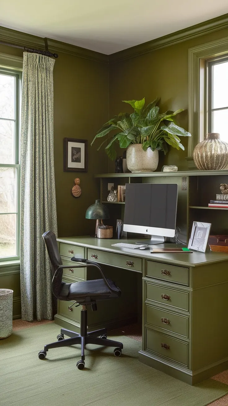 My olive green office walls create the most calming backdrop for this shared home office.  The green home office aesthetic is effortlessly chic, thanks to carefully chosen office space decor and a few best office plants.  This work from home setup is the perfect example of inspiring workspace decor and offers plenty of green office ideas for anyone looking to create their own home workroom.