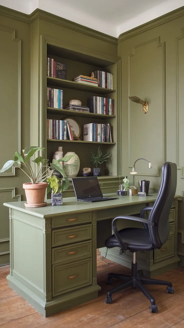 Find your flow in this inviting green office aesthetic.  Olive green office walls set the stage for a productive work from home setup, complemented by carefully chosen office space decor.  This shared home office boasts a blend of functionality and style, with best office plants adding a touch of nature to the inspiring workspace decor.  Explore these green office ideas for your own home workroom ideas.