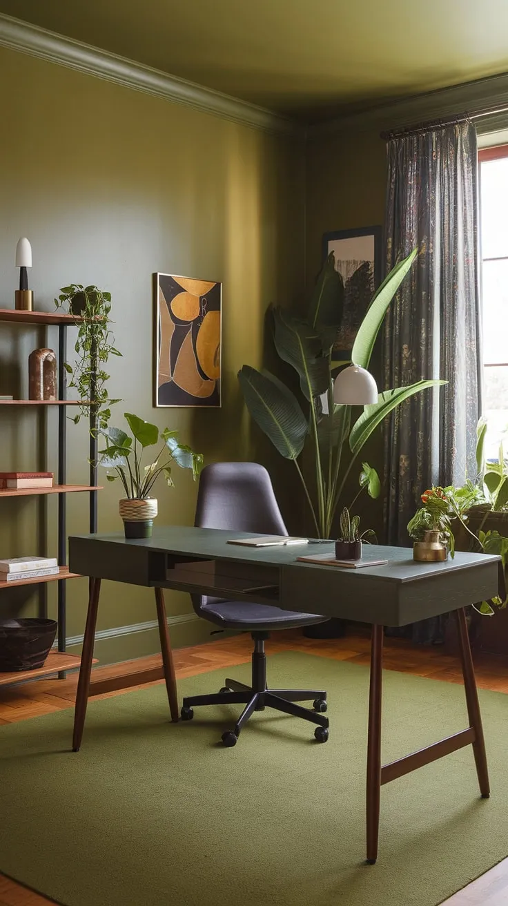 This green office aesthetic is the epitome of calm and focus.  The olive green office walls, paired with a wooden desk and carefully chosen office space decor, including the best office plants, make this shared home office a truly inspiring workspace.  Explore these green office ideas for your own work from home setup and discover the perfect home workroom ideas for ultimate productivity.
