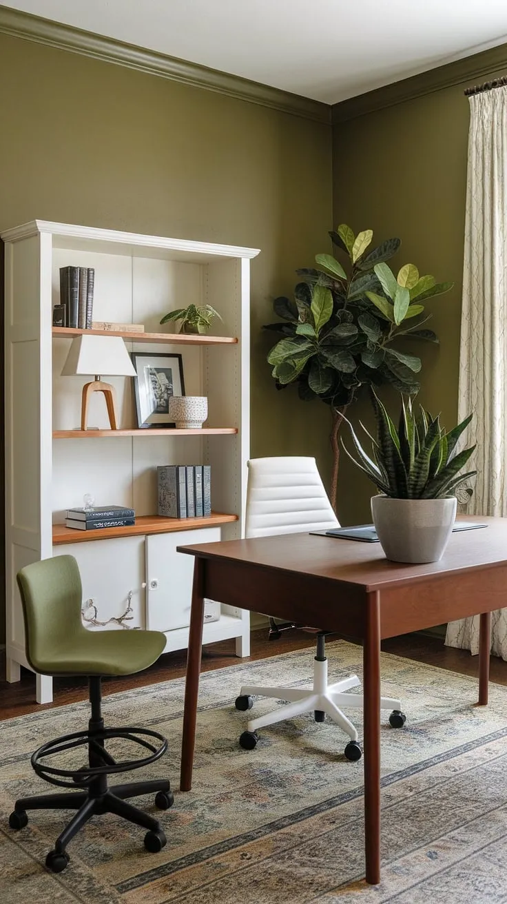 This serene green home office, with its olive green walls and inspiring workspace decor, is the perfect blend of productivity and tranquility.  The thoughtful office space decor, including the best office plants and a shared home office feel, creates a work from home setup that's both functional and aesthetically pleasing.  Plenty of green office ideas are on display, making this home workroom a space you'll actually love spending time in.