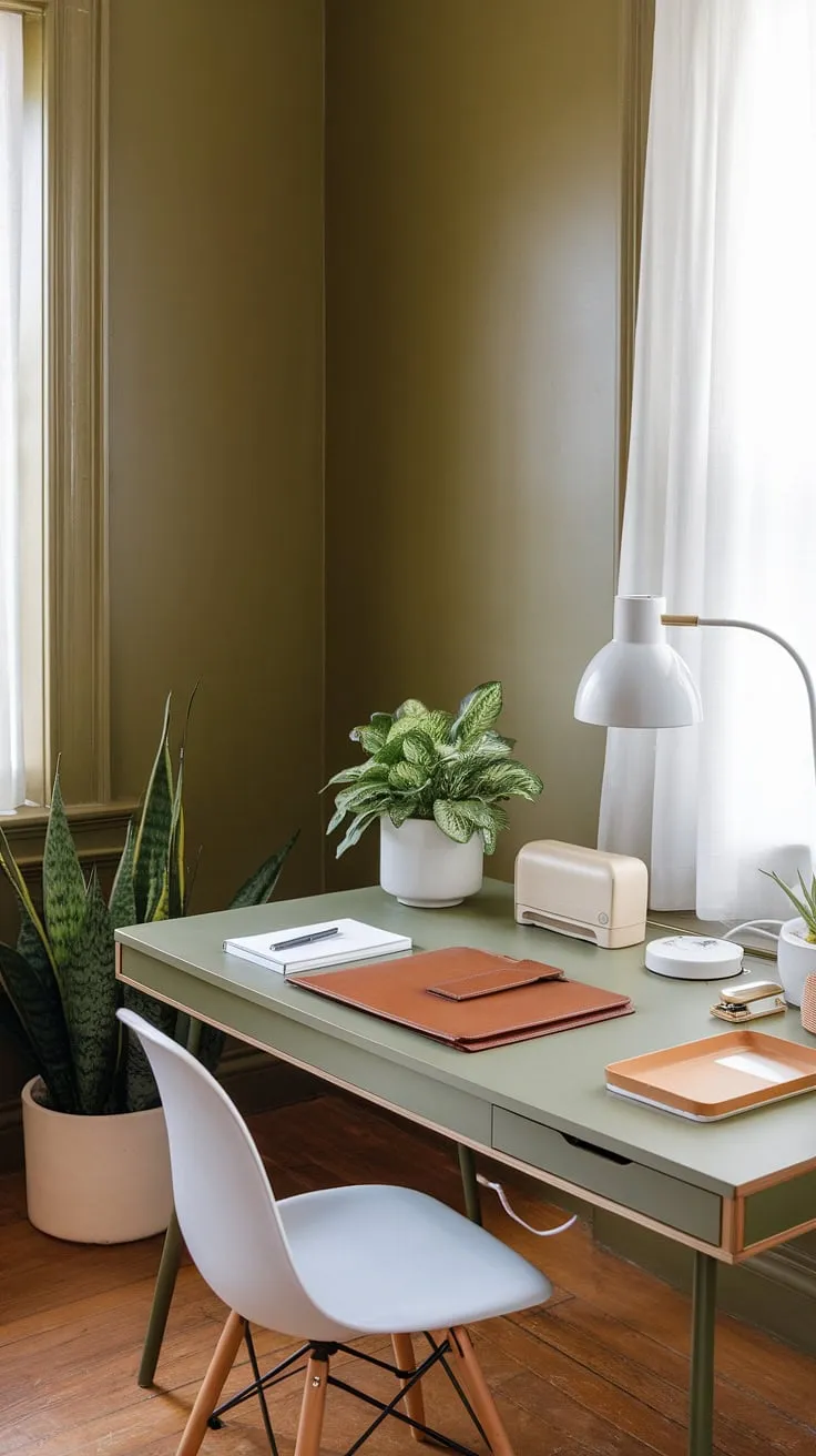 This serene green home office, with its olive green walls and inspiring workspace decor, is the perfect blend of productivity and tranquility. The green office aesthetic is enhanced by the best office plants and thoughtful office space decor, creating a shared home office that's both functional and stylish.  This work from home setup offers a wealth of green office ideas for anyone seeking a calming and efficient home workroom.