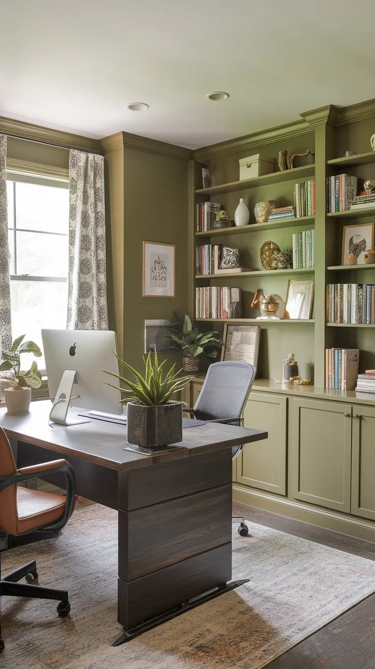Olive green office walls create a tranquil backdrop for this shared home office.  The green home office design incorporates smart office space decor, including a well-chosen plant, and a functional workspace.  This work from home setup is a testament to the power of green office ideas in creating an inspiring workspace.  The home workroom ideas here are perfect for those seeking a productive and stylish shared space.