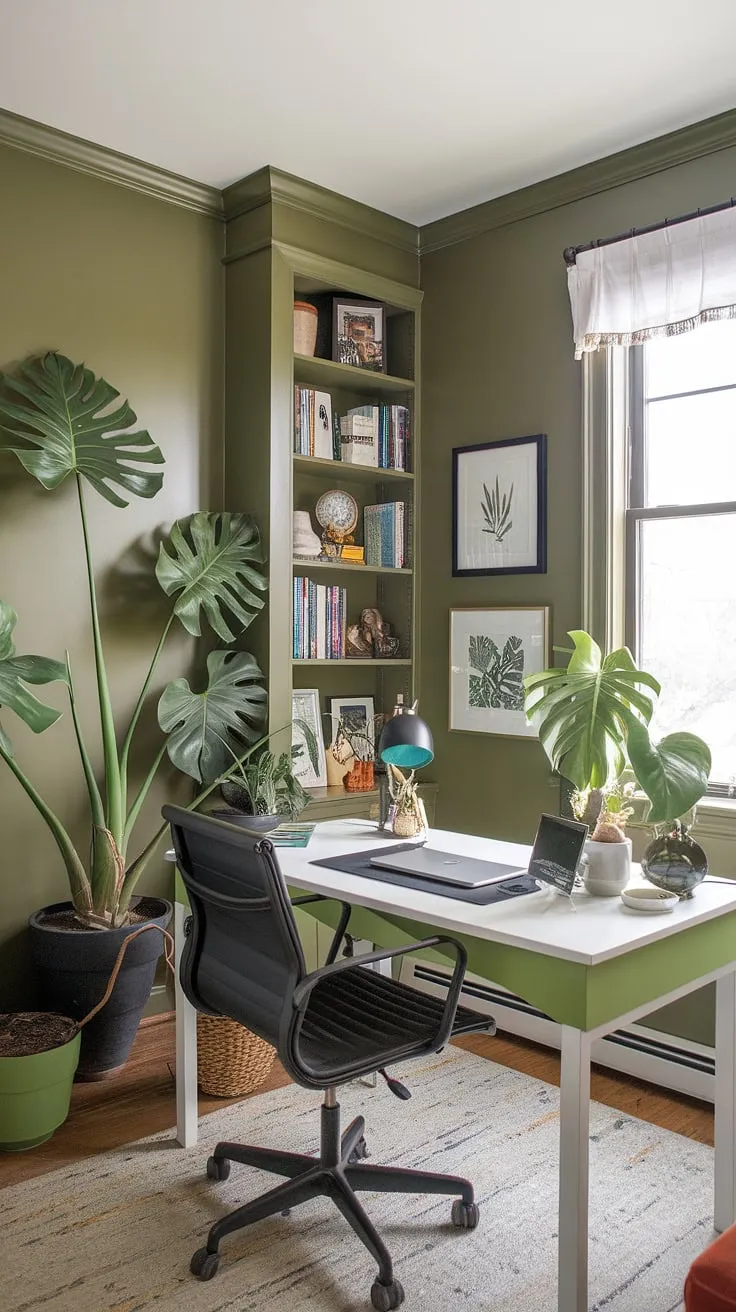 Escape to this calming green office aesthetic.  Olive green office walls provide a backdrop for this thoughtfully designed work from home setup, complete with office space decor that includes a curated collection of best office plants.  The shared home office features practical green office ideas, making it an inspiring workspace decor solution for anyone seeking a productive and stylish home workroom.