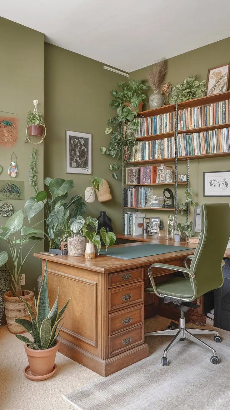 Find your focus in this serene green home office.  Olive green office walls create a calming backdrop for this shared home office, where inspiring workspace decor meets practical functionality.  The strategic placement of best office plants elevates the green office aesthetic, transforming this work from home setup into a haven of productivity.  This space is brimming with green office ideas and home workroom ideas, proving that a shared workroom can be both stylish and efficient.